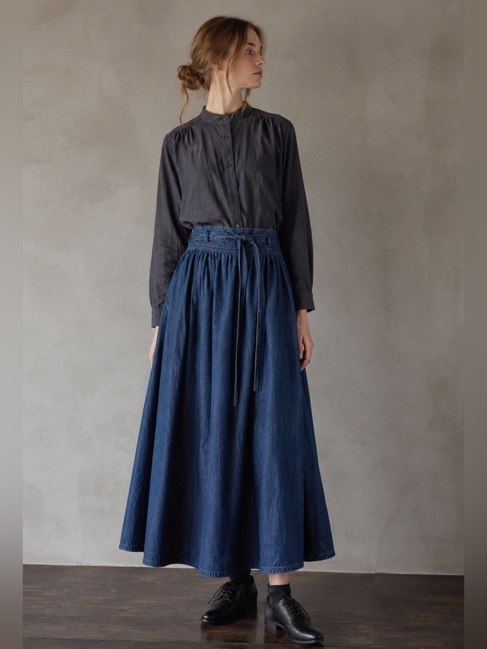 GU Japan Denim Tie Waist Midi Skirt Minimalist A-Line Hakama Style M - Picture 1 of 7